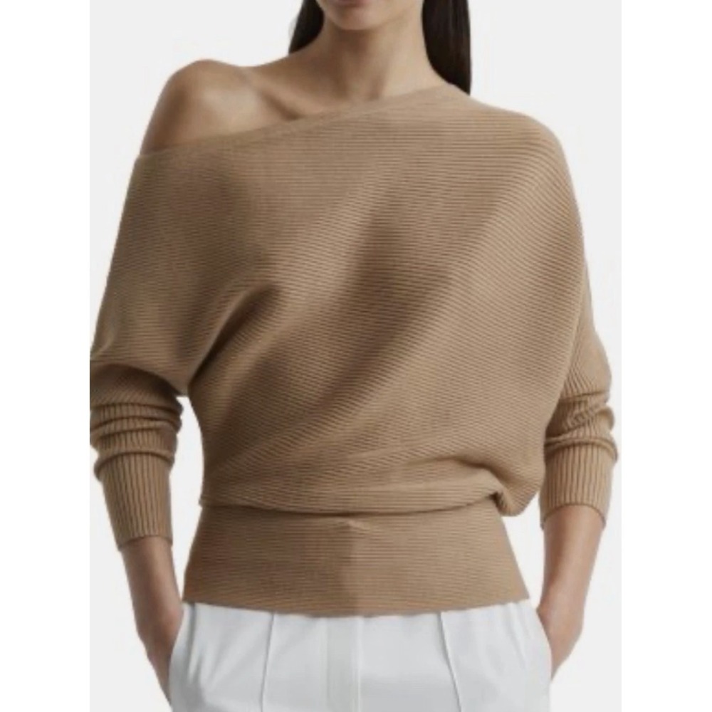 NWOT $170  Reiss Ribbed Knit Pullover Sweater Camel Dolman Sleeve Boat Neck | L